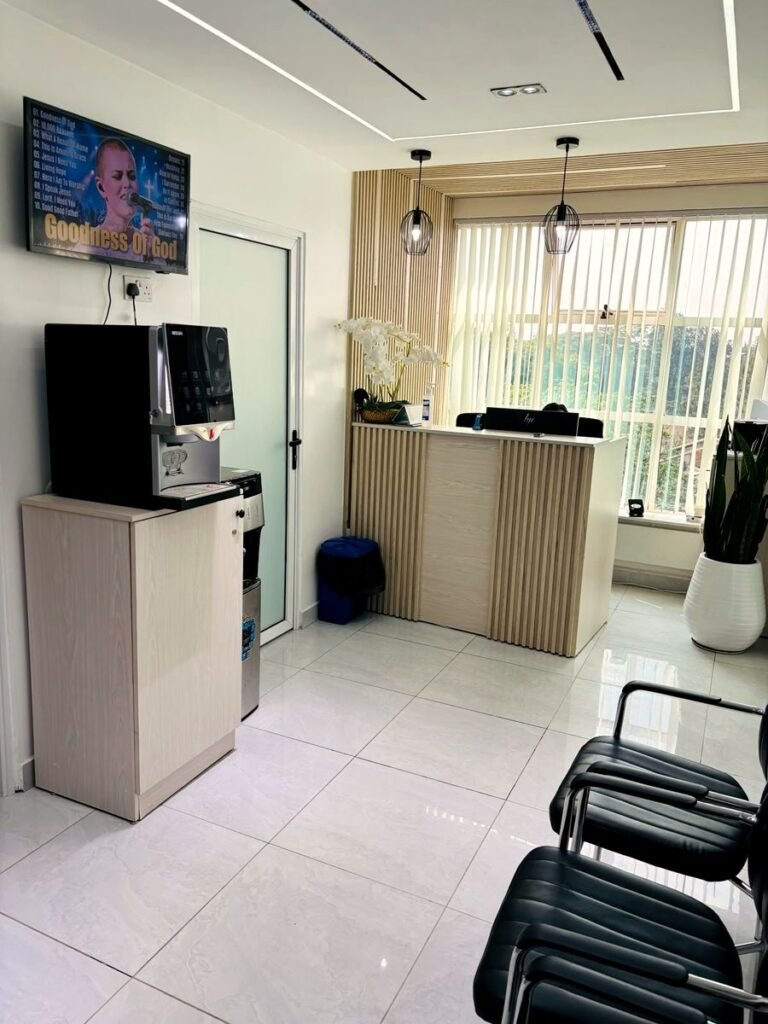 Coffee station and reception at SkinByDrNancy clinic in Nairobi